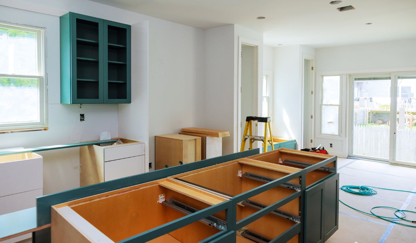Custom kitchen cabinets part way through installation